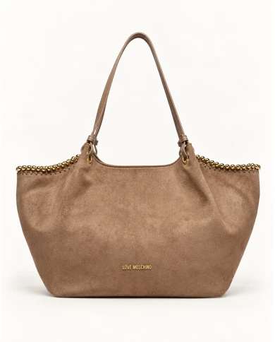 Bolso Love Moschino Soft Taupe — amplitud y elegancia en un acabado aterciopelado.