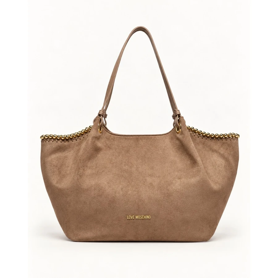 Bolso Love Moschino Soft Taupe — amplitud y elegancia en un acabado aterciopelado.